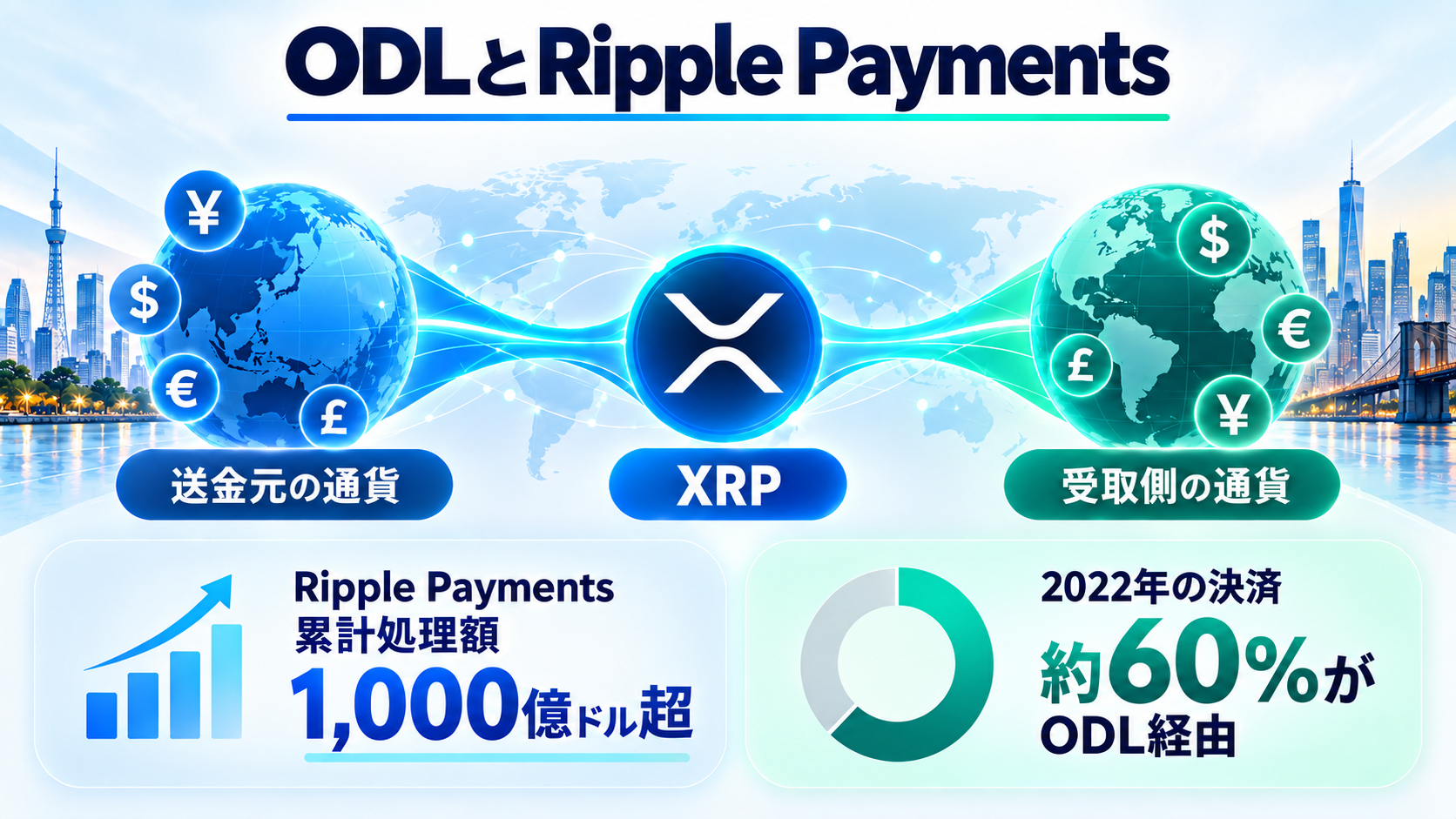 ODLとRipple Payments。送金元の通貨からXRPを介して受取側の通貨へ移る流れと、Ripple Paymentsの累計処理額、2022年のODL経由割合を示す図。